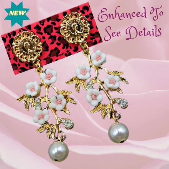 Gold Color Alloy Rhinestone Pearl Flower Pink Drop Jewel earrings Betsey Johnson - Picture 1 of 9